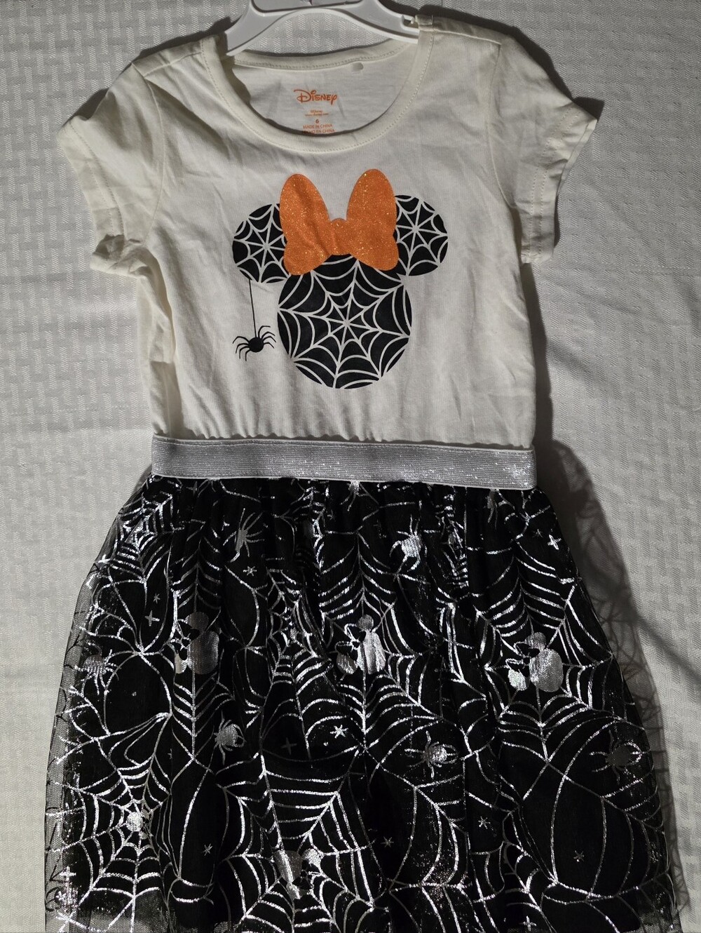 NWOT Disney White and Black Spiderweb Minnie Dress with Orange Bow